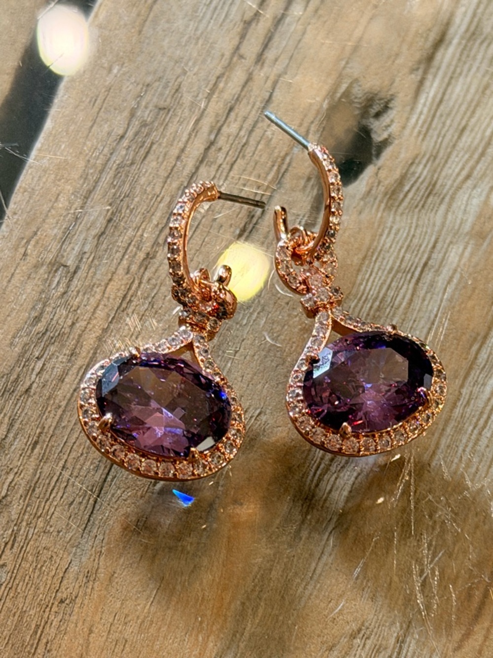 Bomb Party NWOT! Rose Gold Drop Earrings with Purple Stones - Picture 6 of 6